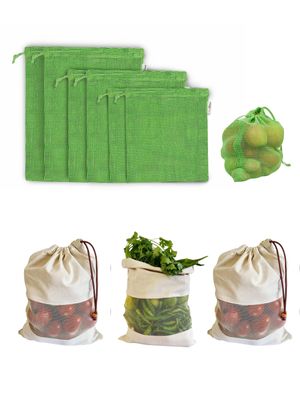 Fab Ellite Cotton Vegetable Bags Fridge Storage Bag Sabji Fruits Pouch Refrigerator Produce bags Clothe Muslin Reusable Washable with Drawstrings (Beige and Green, Pack of 12)