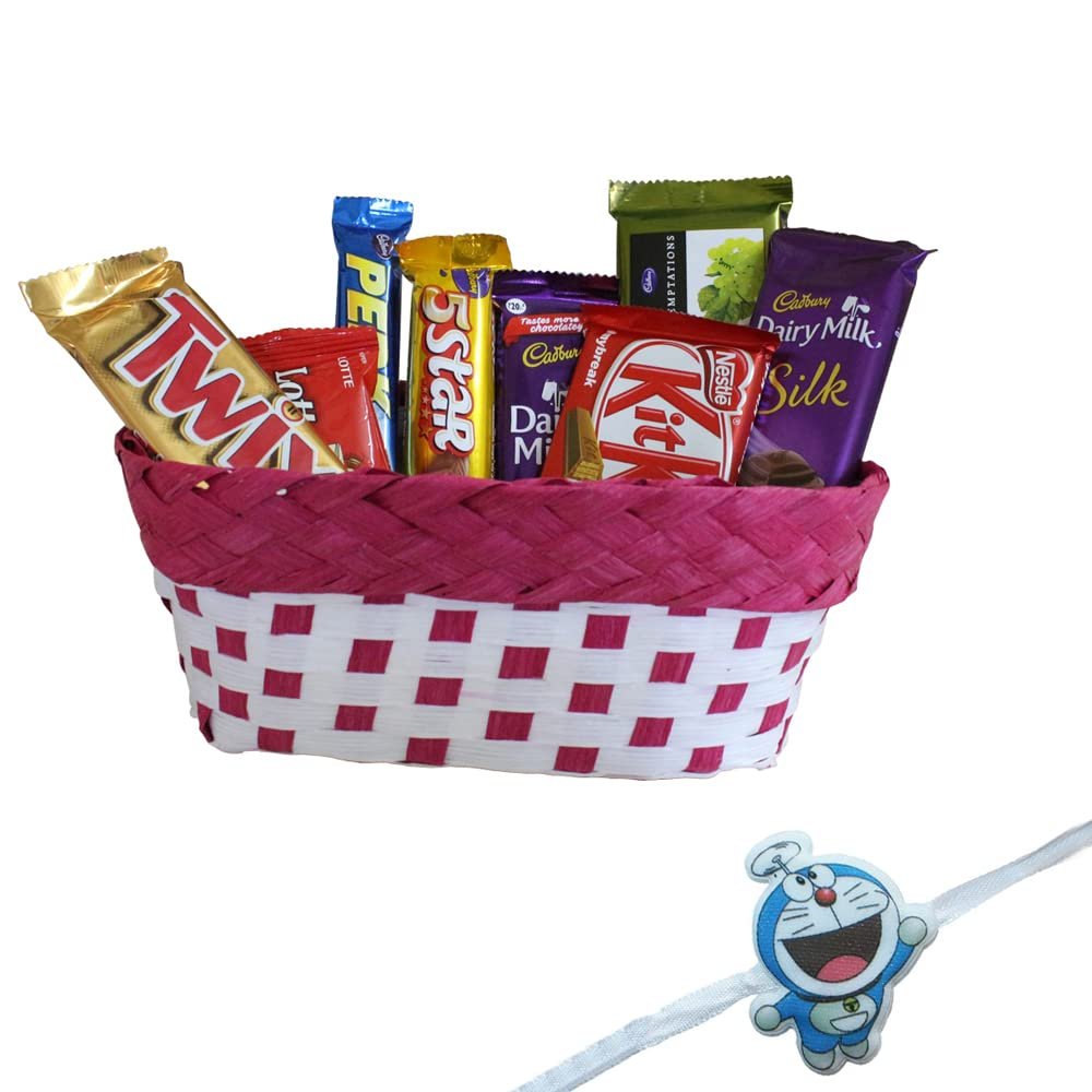 SFU E Com 8 Pieces Chocolate Gift Hamper With Beautiful Basket | Kids Rakhi Chocolate Gift For Brother | Doremon Kids Rakhi With Chocolates | Rakshabandhan Chocolate Gift | 177