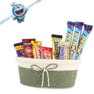 SFU E Com Beautiful Basket With Choco Gift Combo | Kids Rakhi Chocolate Gift For Brother | Doremon Kids Rakhi With Chocolates | Rakshabandhan Chocolate Gift | 335