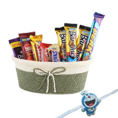 SFU E Com Overloaded Chocolates With Tie Basket | Kids Rakhi Chocolate Gift For Brother | Doremon Kids Rakhi With Chocolates | Rakshabandhan Chocolate Gift | 333