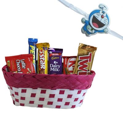SFU E Com Attractive Chocolate Basket Hamper | Kids Rakhi Chocolate Gift For Brother | Doremon Kids Rakhi With Chocolates | Rakshabandhan Chocolate Gift | 156