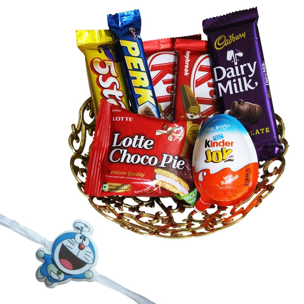 SFU E Com 7 Pieces Lovely Chocolate Gift Hamper | Kids Rakhi Chocolate Gift For Brother | Doremon Kids Rakhi With Chocolates | Rakshabandhan Chocolate Gift | 170