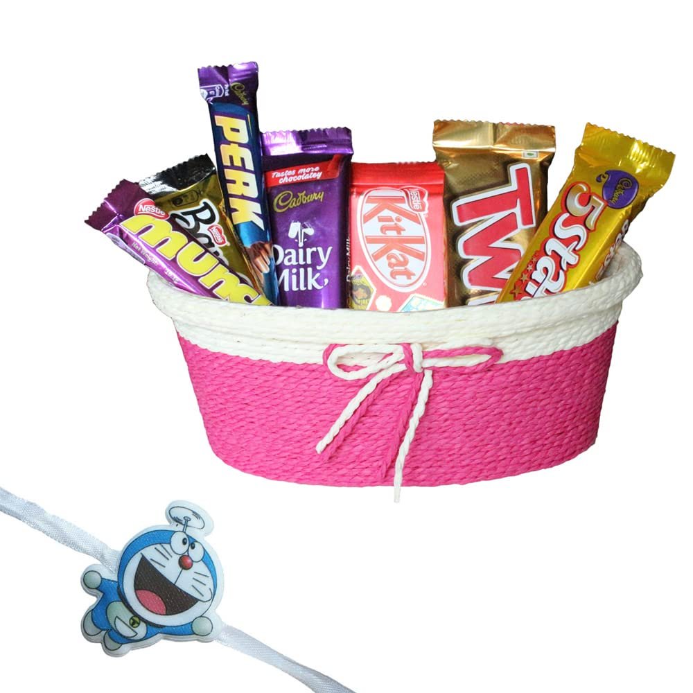 SFU E Com 7 Pieces Chocolate Hamper With Lovely Tie Basket | Kids Rakhi Chocolate Gift For Brother | Doremon Kids Rakhi With Chocolates | Rakshabandhan Chocolate Gift | 126