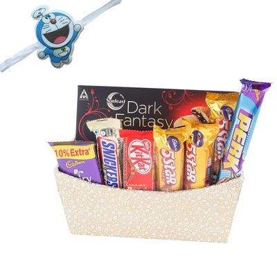 SFU E Com Beautiful Golden Wooden Basket With 6 Pieces Chocolates | Kids Rakhi Chocolate Gift For Brother | Doremon Kids Rakhi With Chocolates | Rakshabandhan Chocolate Gift | 223