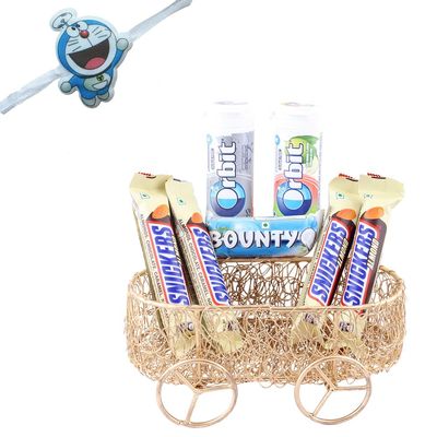 SFU E Com Designer Basket With Chocolate Combo | Kids Rakhi Chocolate Gift For Brother | Doremon Kids Rakhi With Chocolates | Rakshabandhan Chocolate Gift | 942