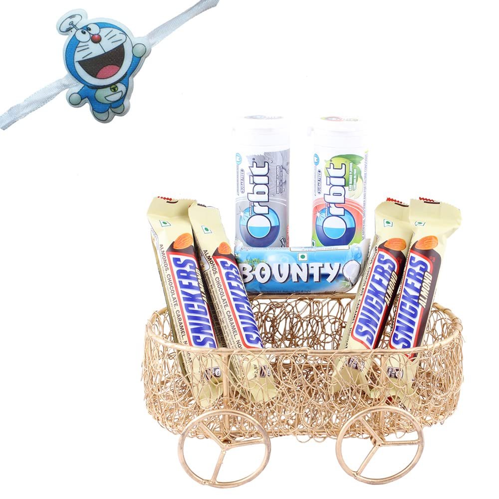 SFU E Com Designer Basket With Chocolate Combo | Kids Rakhi Chocolate Gift For Brother | Doremon Kids Rakhi With Chocolates | Rakshabandhan Chocolate Gift | 942