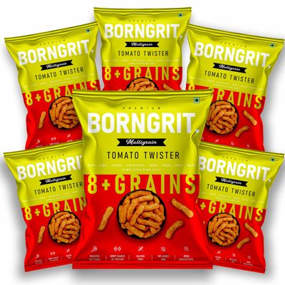 Borngrit Multigrain Snacks | Tomato Twister | Roasted Not Fried Snacks |100% Natural | No added sugars | No Added MSG | Good Source of Protein | 0% Cholesterol | No Trans Fat | PACK of 6 (40 gm x 6)