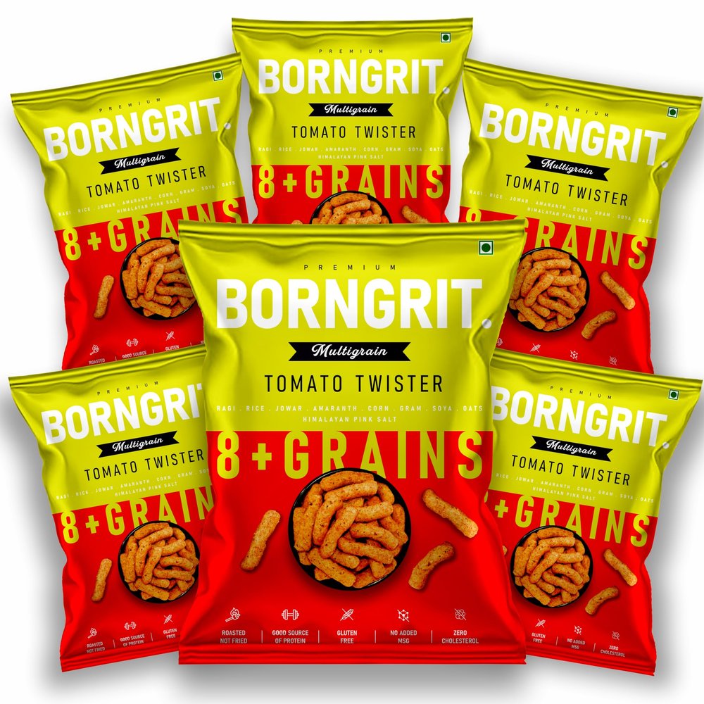 Borngrit Multigrain Snacks | Tomato Twister | Roasted Not Fried Snacks |100% Natural | No added sugars | No Added MSG | Good Source of Protein | 0% Cholesterol | No Trans Fat | PACK of 6 (40 gm x 6)