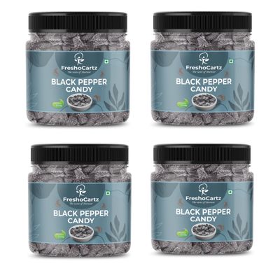 FreshoCartz Black Pepper Flavoured Candy | Kali Mirch Goli | Sweet Hard Candy - Jar Pack (Black Pepper, 400g (Pack of 4))