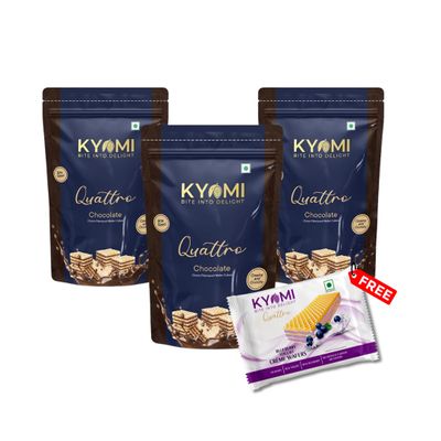 Kyomi Quattro Chocolate Wafer Cubes 450g (Pack of 2+1) | Crispy & Delicious Snack | International Taste | Zero Cholesterol | Free Blueberry Yogurt Crme Wafer 35g