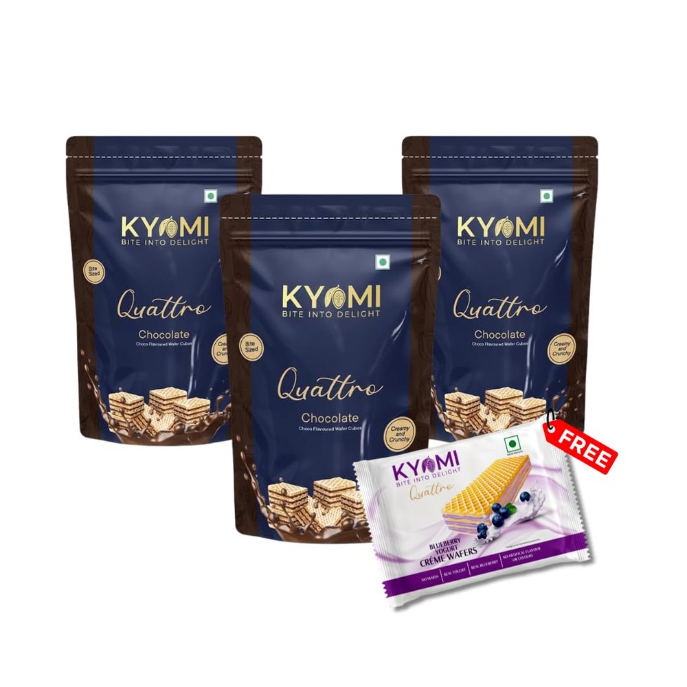 Kyomi Quattro Chocolate Wafer Cubes 450g (Pack of 2+1) | Crispy & Delicious Snack | International Taste | Zero Cholesterol | Free Blueberry Yogurt Crme Wafer 35g