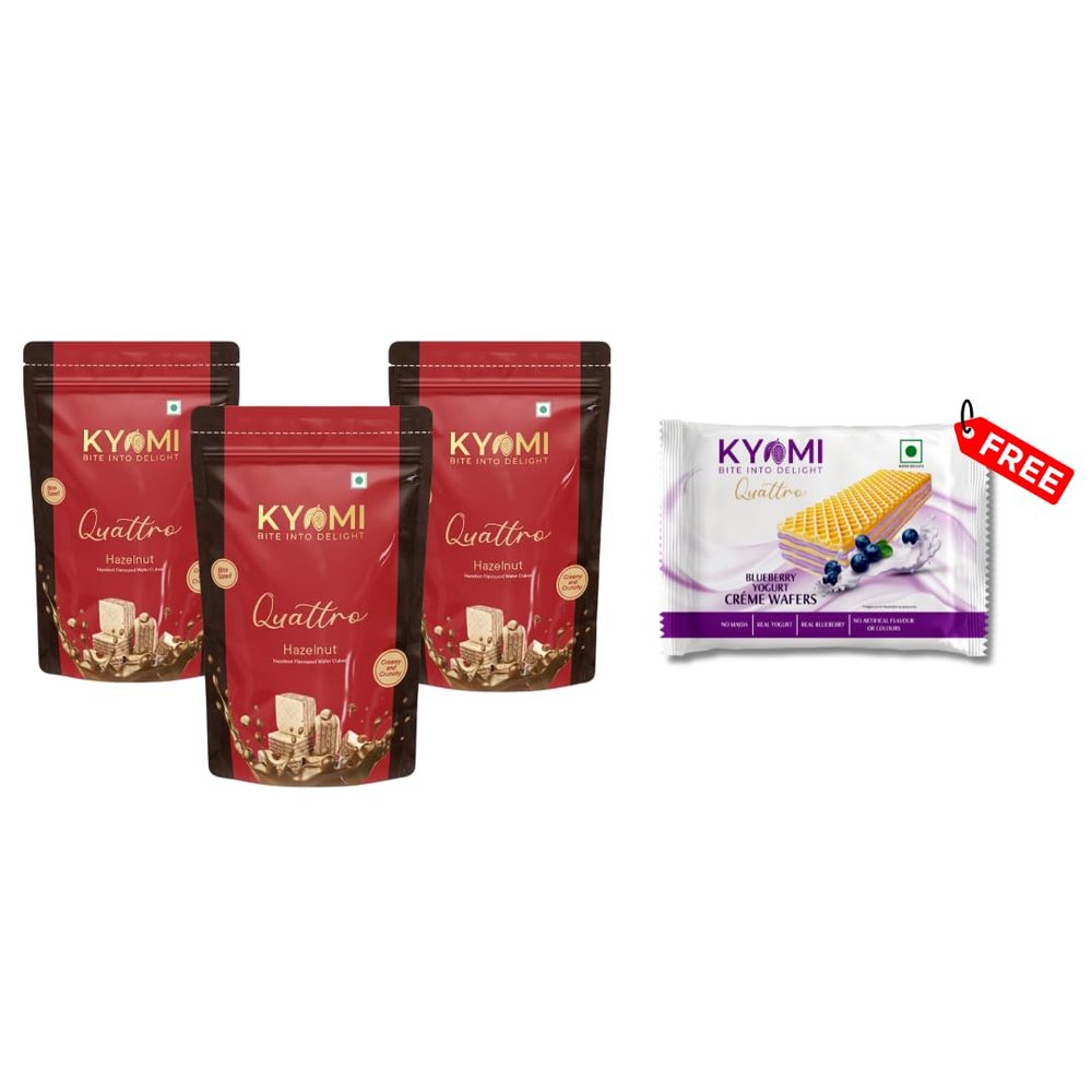 Kyomi Quattro Hazelnut Wafer Cubes 450g (Pack of 2+1) | Crispy & Delicious Snack | International Taste | Zero Cholesterol | Free Blueberry Yogurt Crme Wafer 35g