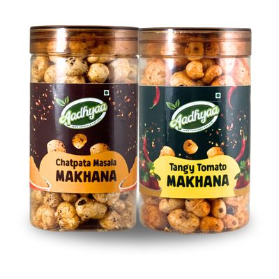 Aadhyaa Flavoured Roasted Makhana Jar Pack | Healthy Party Snacks, Namkeen Flavour for Lotus Seeds Phool Makhana & Puffed Kernels | Tasty & Nutritious | Chatpata & TangyTomato| 70g Each Pack of 2