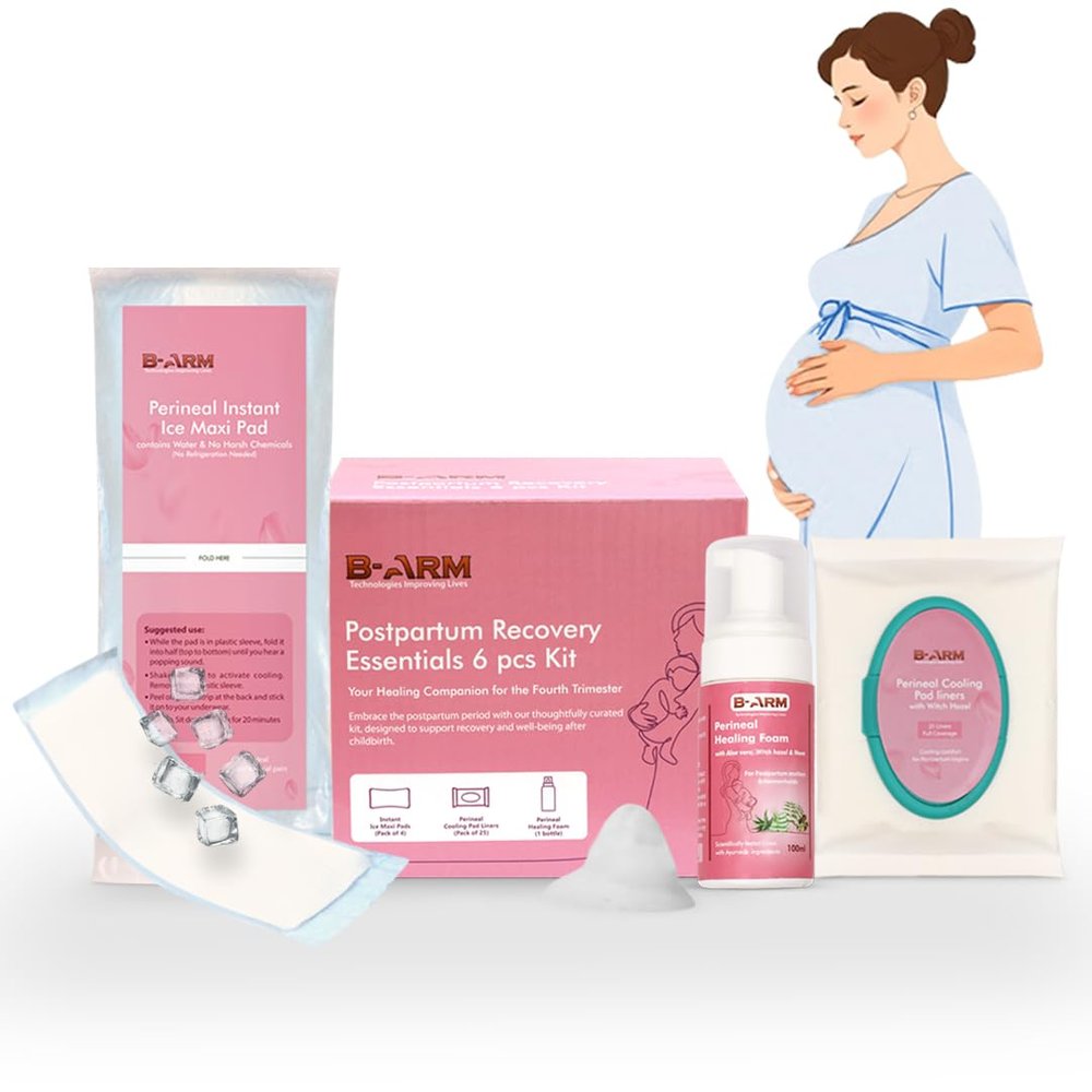 B-Arm Normal Delivery Postpartum Recovery Kit (6 pcs)| Includes 4 Icemaxi pads, 100ml Perineal Healing Foam, Pack of 25 Witch Hazel Padliners for Labor & Delivery| New Mom's Hospital Bag Must-have