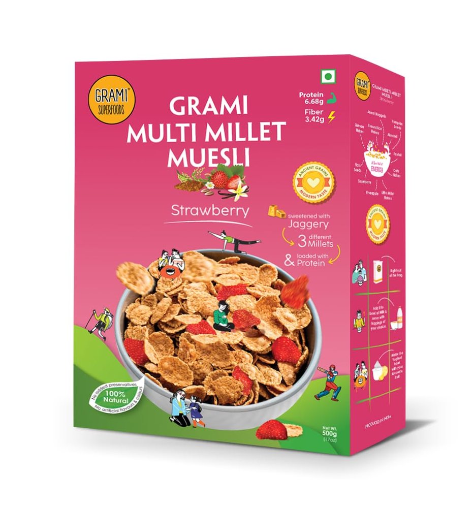 Gram Multi-Milk Cereal Strawberry Muesli 500 gm | Flavour Breakfast Cereal Strawberry High Protein & added Real Dried Fruits