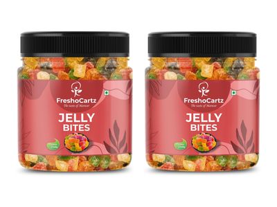 FreshoCartz Jelly Bites | Sugar Coated Jelly Candy | Mix Fruits Jelly | Juicy Jellies - Jar Pack (Mix Fruit Jelly, (Pack of 2)), 400 gram