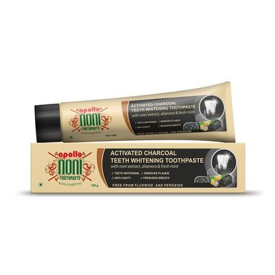 Apollo Noni Activated Charcoal Teeth Whitening Toothpaste 100g X 2 with Noni Extract, Aloe Vera & Fresh Mint | Oral Care & Toothpaste For Remove Plaques, Anti-Cavity & Freshens Breath
