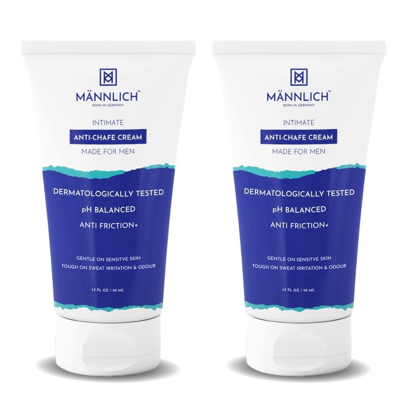 Mannlich Anti Chafing Cream for Men, Anti-Rash Cream for Intimate Areas, Reduces Inner Thigh Rashes from Sports and Fitness Activities, Prevents from Sweat, Odor, Irritation & Rashes | Dermatologically Tested | 50ml (Pack of 2)