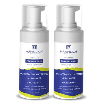 Mannlich Intimate Wash 150 ml (Pack of 2) Relieves Itchiness & Odour, Prevents Fungal Growth, Genital Area, pH Balanced & Dermatologically Tested With Tea Tree Oil, Neem, Eucalyptus Oil, 1% Salicylic & Lactic Acid