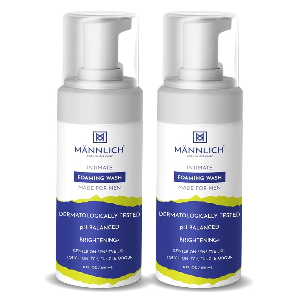 Mannlich Intimate Wash 150 ml (Pack of 2) Relieves Itchiness & Odour, Prevents Fungal Growth, Genital Area, pH Balanced & Dermatologically Tested With Tea Tree Oil, Neem, Eucalyptus Oil, 1% Salicylic & Lactic Acid
