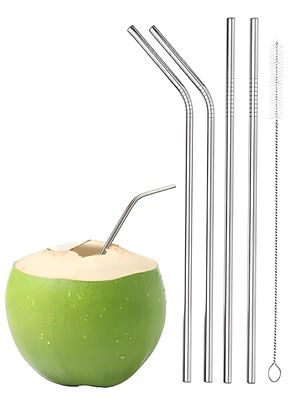 FASTMART Reusable BPA-Free Metal, Thick, Long, Dishwasher Safe Stainless Steel Drinking Straws, 8.5 Inches (2 Bent + 2 Straight +1 Brush)
