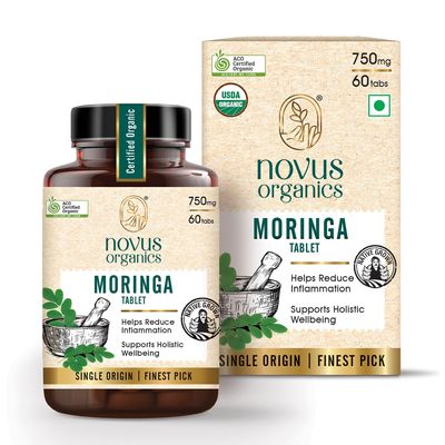 Novus Organics Premium Moringa 60 Tablets (Oleifera)-750mg | USDA & ACO Certified Organic Moringa Drumstick leaf Tablets | Honest Single Farm Sourced for Maximum Potency | Full Organic Strength