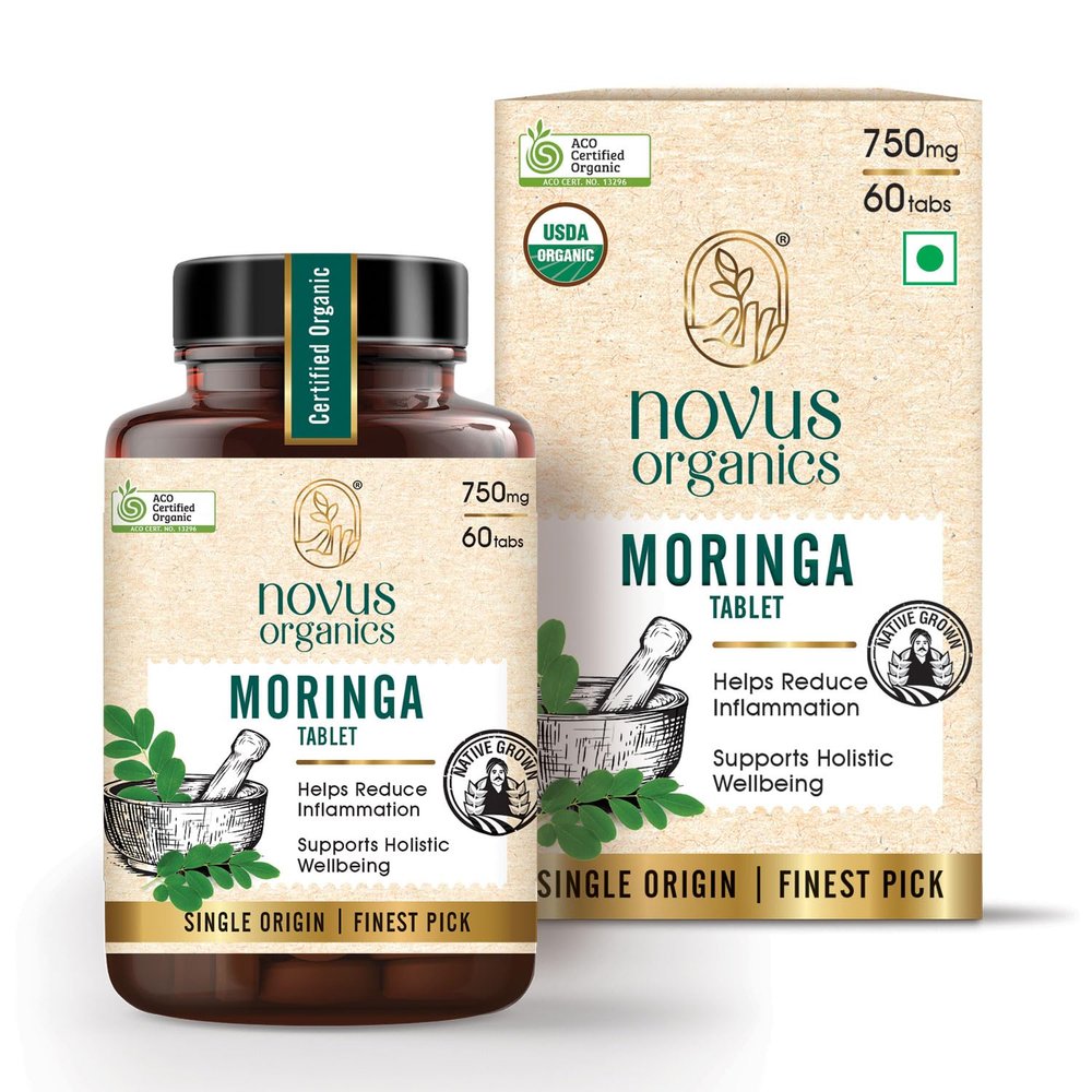 Novus Organics Premium Moringa 60 Tablets (Oleifera)-750mg | USDA & ACO Certified Organic Moringa Drumstick leaf Tablets | Honest Single Farm Sourced for Maximum Potency | Full Organic Strength