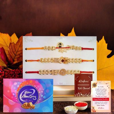 eCraftIndia Set of 3 Lord Shiva, Om, Bro Designer Religious Rakhis for Brothers with Chocolate, Cadbury Celebrations Gift Pack of 9 Assorted Chocolates, Rakhi with Chocolate - Roli Chawal Pack