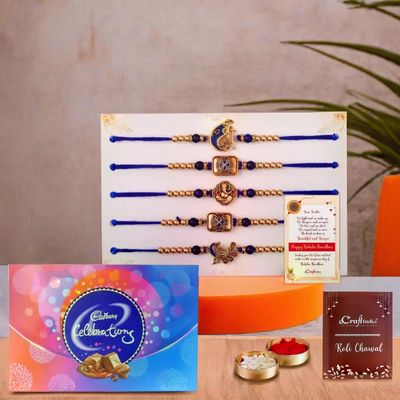 eCraftIndia Set of 5 Shri, Ganesha, Peacock, Flute, Floral Religious Rakhis for Brothers with Chocolate, Cadbury Celebrations Gift Pack of 9 Assorted Chocolates, Rakhi with Chocolate, Roli Chawal Pack