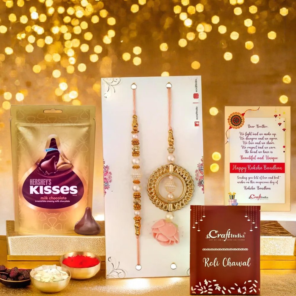 eCraftIndia Golden White & Peach Floral Designer Bhaiya Bhabhi Rakhi Set with Milk Chocolate, Rakhi with Chocolate Gift - Roli Chawal Pack, Raksha Bandhan Greeting Card, 300 grams