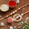 eCraftIndia Golden White & Peach Floral Designer Bhaiya Bhabhi Rakhi Set with Milk Chocolate, Rakhi with Chocolate Gift - Roli Chawal Pack, Raksha Bandhan Greeting Card, 300 grams view 3