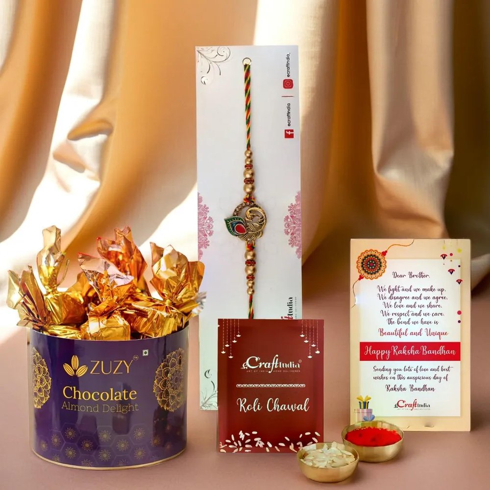 eCraftIndia Golden Peacock Feather Designer Rakhi for Brother with Chocolate, Zuzy Almond Chocolate Box, Rakhi with Chocolate Gift - Roli Chawal Pack, Raksha Bandhan Greeting Card