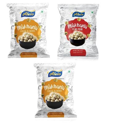 Aleio Roasted Makhana/Popped Lotus Seeds Ready To Eat Super Healthy Snack (1 Peri Peri, 2 Cheese & Herbs) -65 Gram (Pack Of 3)