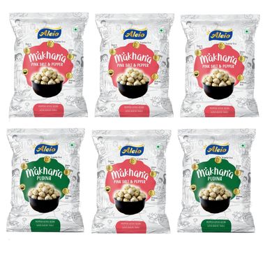 Aleio Roasted Makhana/Popped Lotus Seeds Ready To Eat Super Healthy Snack (4 Pink Salt & Pepper, 2 Pudina) -23 Gram (Pack Of 6)