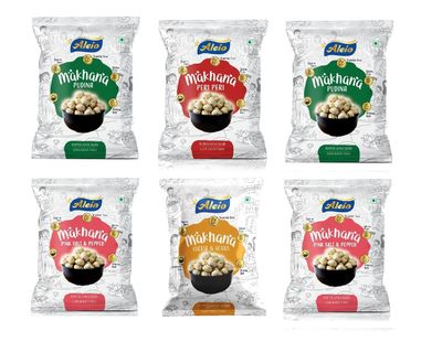 Aleio Roasted Makhana/Popped Lotus Seeds Ready To Eat Super Healthy Snack (2 Pudina, 1 Peri Peri, 1 Cheese & Herbs, 2 Pink Salt & Pepper) -23 Gram (Pack Of 6)