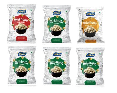 Aleio Roasted Makhana/Popped Lotus Seeds Ready To Eat Super Healthy Snack (4 Pudina, 1 Peri Peri, 1 Cheese & Herbs) -23 Gram (Pack Of 6)