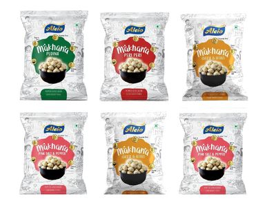 Aleio Roasted Makhana/Popped Lotus Seeds Ready To Eat Super Healthy Snack (1 Pudina, 1 Peri Peri, 2 Cheese & Herbs, 2 Pink Salt & Pepper) -23 Gram (Pack Of 6)