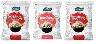 Aleio Roasted Makhana/Popped Lotus Seeds Ready To Eat Super Healthy Snack (2 Peri Peri, 1 Pink Salt & Pepper) -65 Gram (Pack Of 3)
