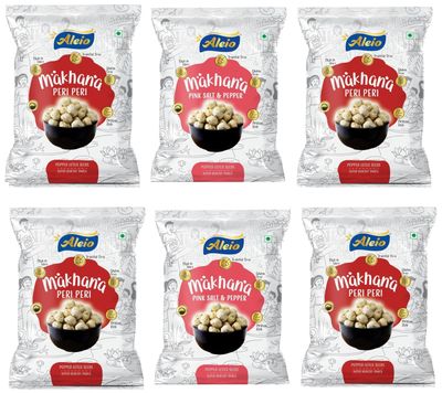 Aleio Roasted Makhana/Popped Lotus Seeds Ready To Eat Super Healthy Snack (4 Peri Peri, 2 Pink Salt & Pepper) -23 Gram (Pack Of 6)