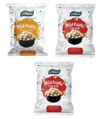 Aleio Roasted Makhana/Popped Lotus Seeds Ready To Eat Super Healthy Snack (2 Peri Peri, 1 Cheese & Herbs) -65 Gram (Pack Of 3)