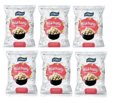 Aleio Roasted Makhana/Popped Lotus Seeds Ready To Eat Super Healthy Snack (Pink Salt & Pepper) -23 Gram (Pack Of 6)
