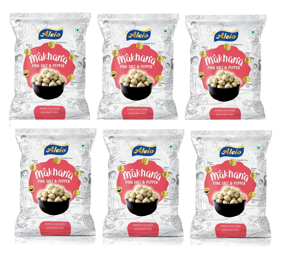 Aleio Roasted Makhana/Popped Lotus Seeds Ready To Eat Super Healthy Snack (Pink Salt & Pepper) -23 Gram (Pack Of 6)