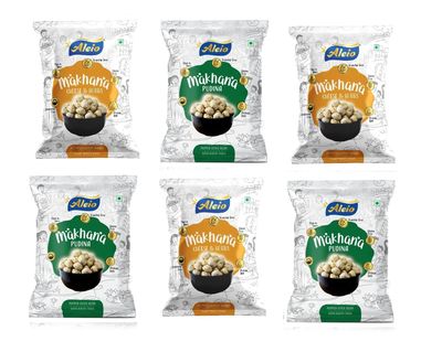 Aleio Roasted Makhana/Popped Lotus Seeds Ready To Eat Super Healthy Snack (3 Pudina, 3 Cheese & Herbs) -23 Gram (Pack Of 6)
