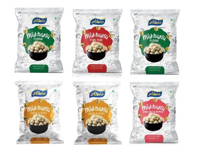 Aleio Roasted Makhana/Popped Lotus Seeds Ready To Eat Super Healthy Snack (2 Pudina, 1 Peri Peri, 2 Cheese & Herbs, 1 Pink Salt & Pepper) -23 Gram (Pack Of 6)