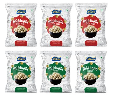 Aleio Roasted Makhana/Popped Lotus Seeds Ready To Eat Super Healthy Snack (3 Pudina, 3 Peri Peri) -23 Gram (Pack Of 6)
