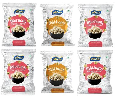 Aleio Roasted Makhana/Popped Lotus Seeds Ready To Eat Super Healthy Snack (4 Pink Salt & Pepper, 2 Cheese & Herbs) -23 Gram (Pack Of 6)