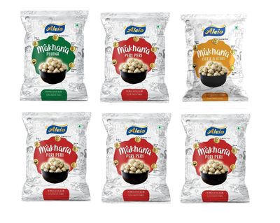 Aleio Roasted Makhana/Popped Lotus Seeds Ready To Eat Super Healthy Snack (1 Pudina, 4 Peri Peri, 1 Cheese & Herbs) -23 Gram (Pack Of 6)
