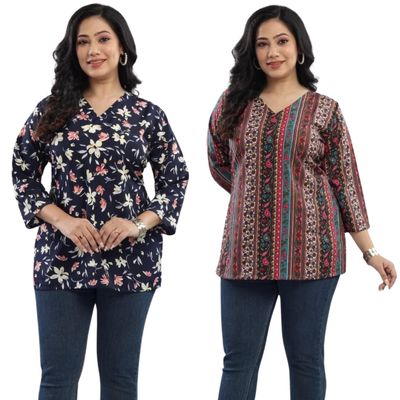 Amaira Women's Plus Size Printed Combo V Neck 3/4th Sleeves Crepe Tunic(E1-Navy-Pink,6XL)