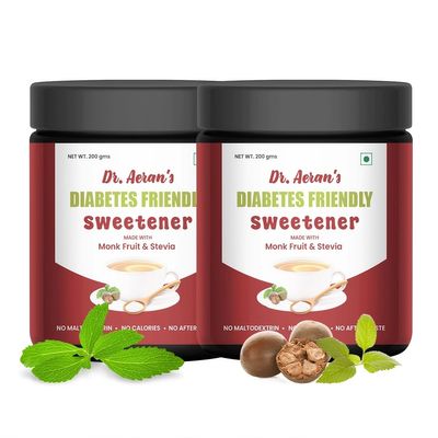 Dr. Aerans Diabetic Friendly Sweetener (pack of 2-200gm each) | Stevia & Monk Fruit Sweetener | 1:1 Sugar replacer | Zero Calories - Zero Carbohydrates | Keto Friendly