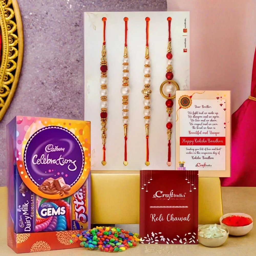 eCraftIndia Set of 4 Red, Golden White Pearls Rakhis for Brothers with Chocolate, Cadbury Celebrations Gift Pack of 5 Assorted Chocolates, Rakhi with Chocolate Gift - Roli Chawal Pack